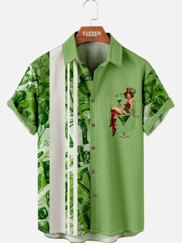 Tall Men's St. Patrick's Day Cocktail Pin-Up Bowling Short Sleeve Shirt Eleven Oasis
