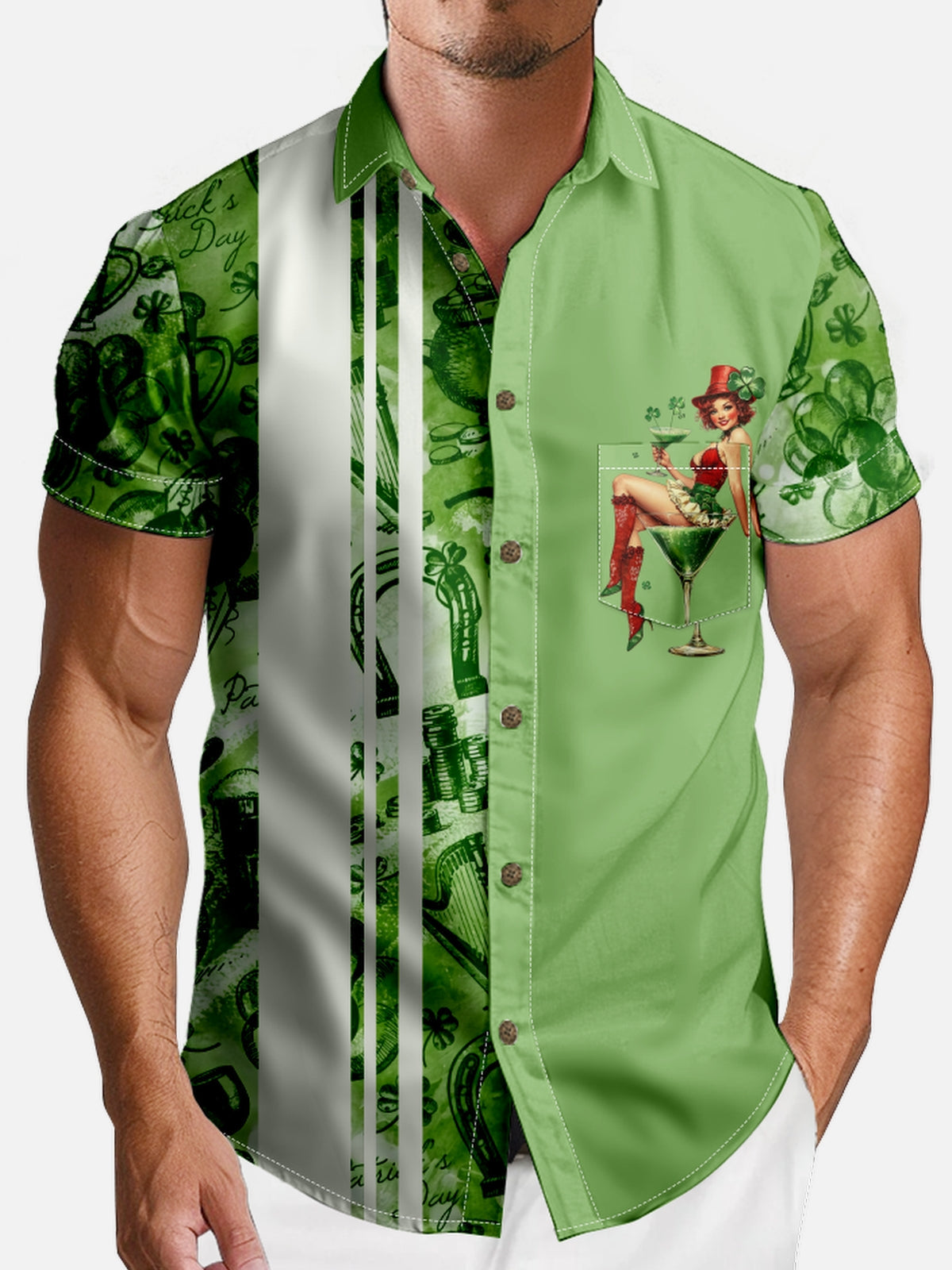 Tall Men's St. Patrick's Day Cocktail Pin-Up Bowling Short Sleeve Shirt Eleven Oasis