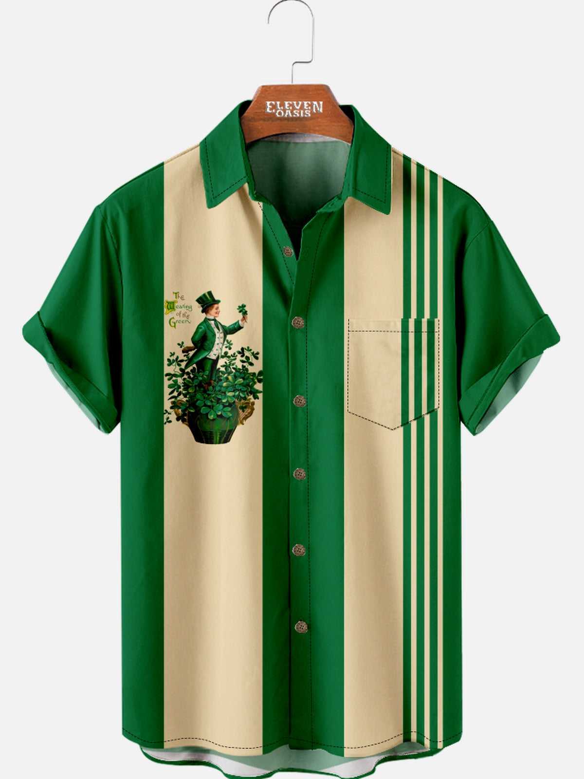 Men's St. Patrick's Day Leprechaun Green Bowling Short Sleeve Shirt Eleven Oasis