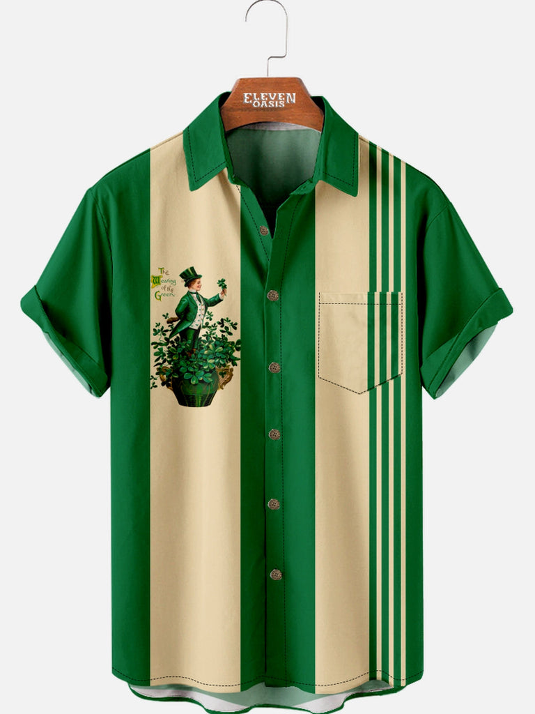 Men's St. Patrick's Day Leprechaun Green Bowling Short Sleeve Shirt Eleven Oasis