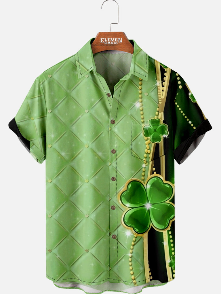 Men's St. Patrick's Day Green Clover Diamond Short Sleeve Shirt Eleven Oasis