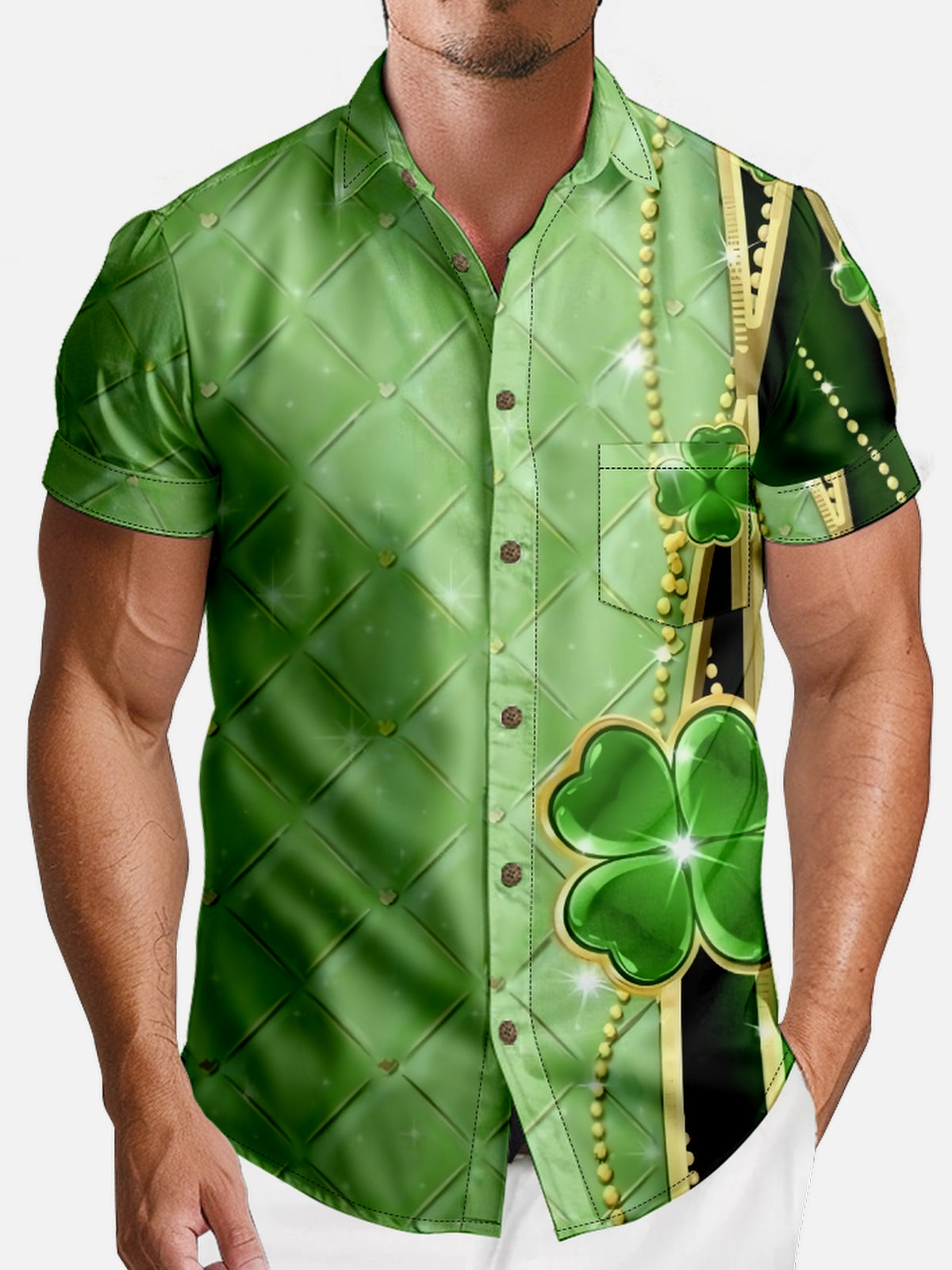 Men's St. Patrick's Day Green Clover Diamond Short Sleeve Shirt Eleven Oasis