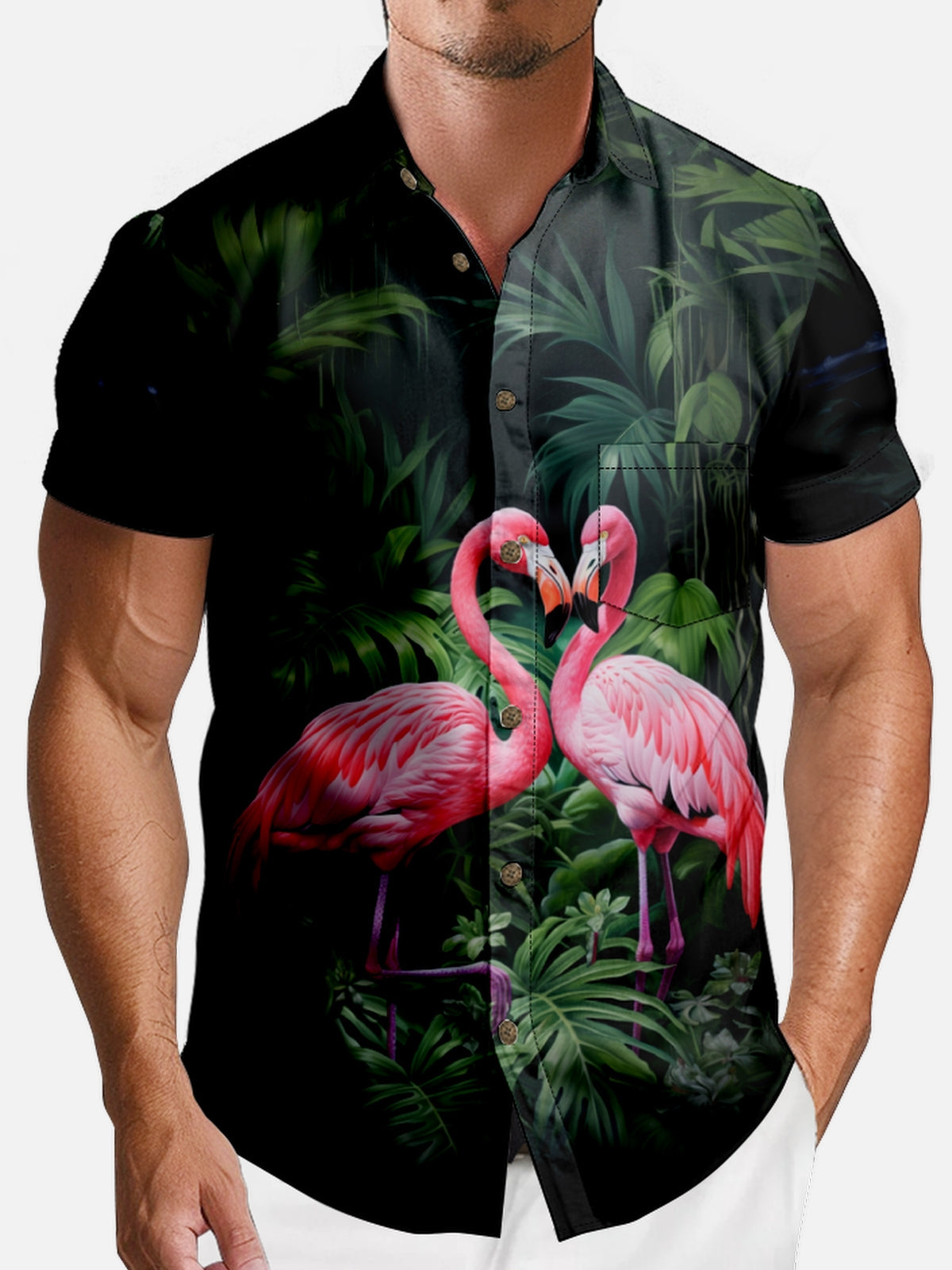 Men's Hawaiian Flamingo In Leaves Short Sleeve Shirt Eleven Oasis