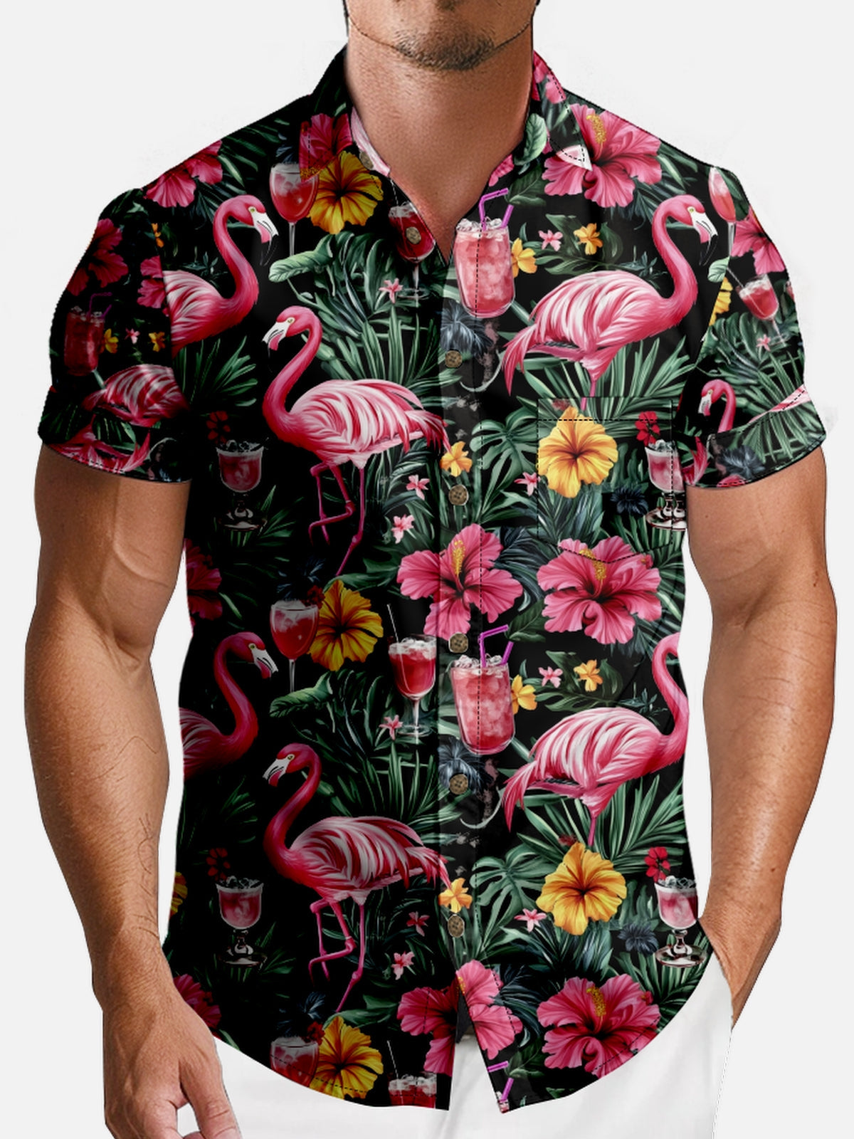 Men's Hawaii Tropical Flamingo And Flora Short Sleeve Shirt Eleven Oasis