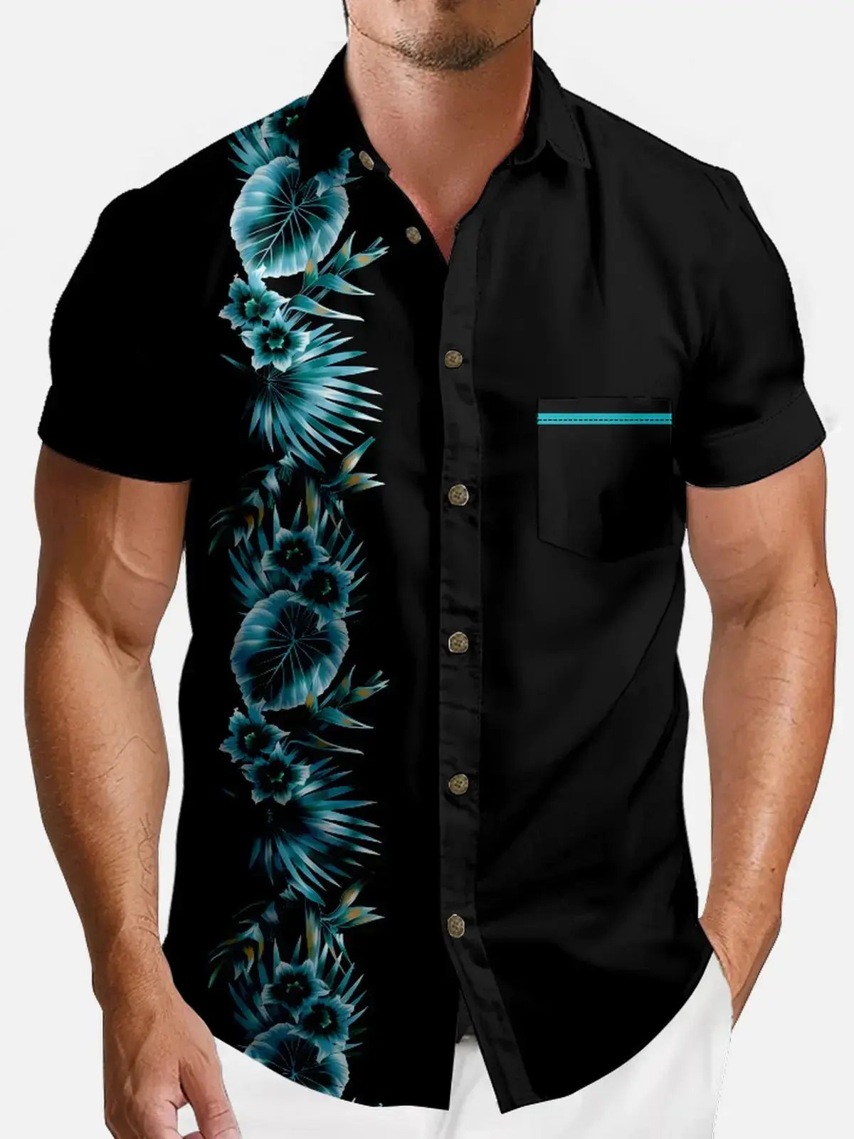 Men's Hawaiian Tropical Night Floral Short Sleeve Shirt ElevenOasis