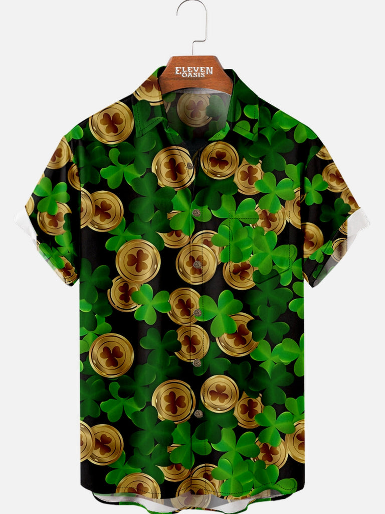 Men's St. Patrick's Day Clover and Coin Short Sleeve Shirt Eleven Oasis