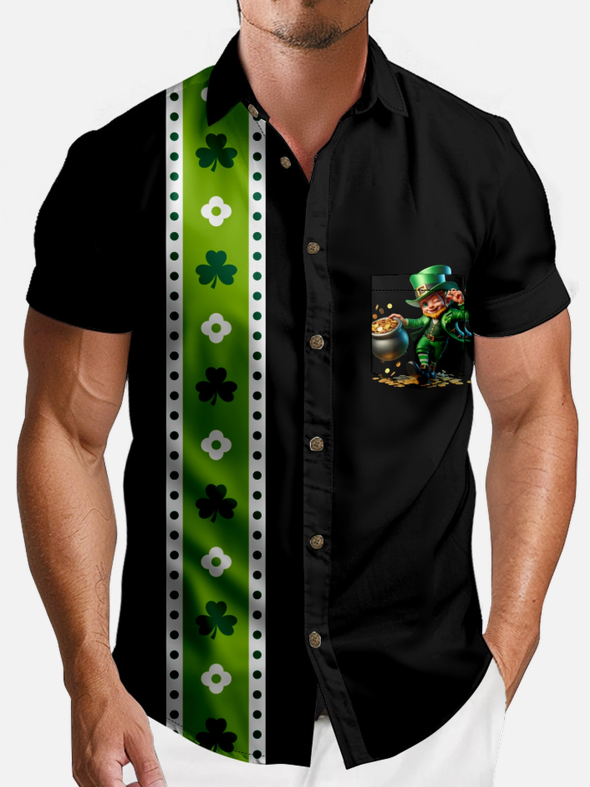 Men's St. Patrick's Day Lucky Leprechaun Stripe Short Sleeve Shirt