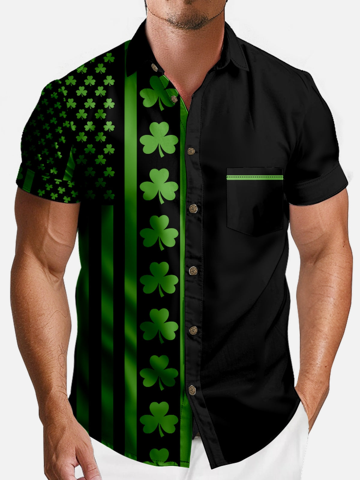 Men's St. Patrick's Day Clover Half Stripe Short Sleeve Shirt Eleven Oasis