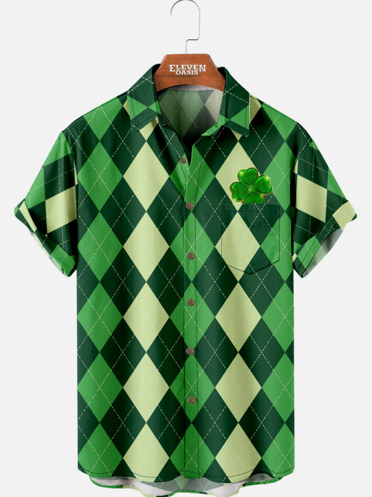 Men's St. Patrick's Day Green Clover Diamond Short Sleeve Shirt Eleven Oasis