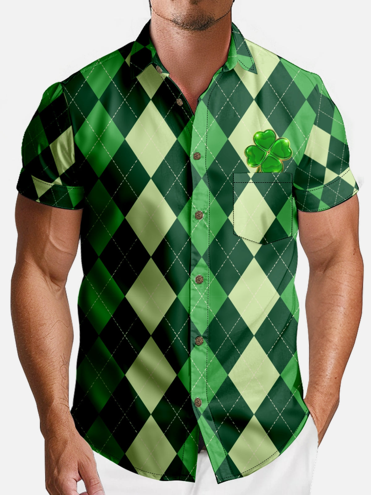 Men's St. Patrick's Day Green Clover Diamond Short Sleeve Shirt Eleven Oasis