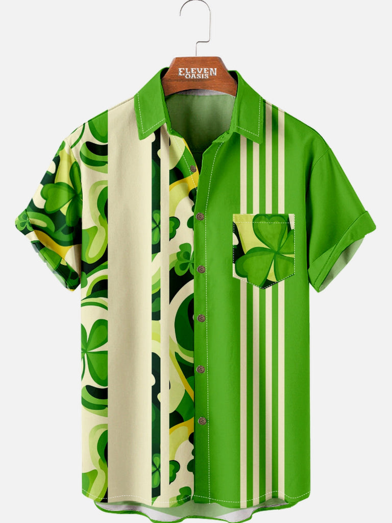 Men's St. Patrick's Day Clover Stripes Short Sleeve Shirt Eleven Oasis