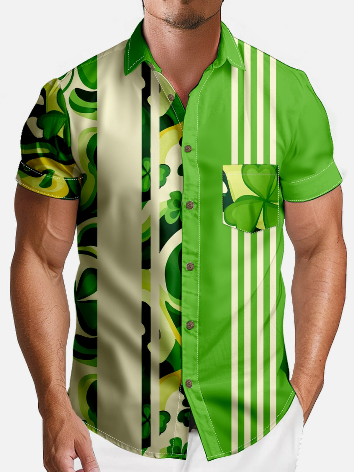 Men's St. Patrick's Day Clover Stripes Short Sleeve Shirt Eleven Oasis