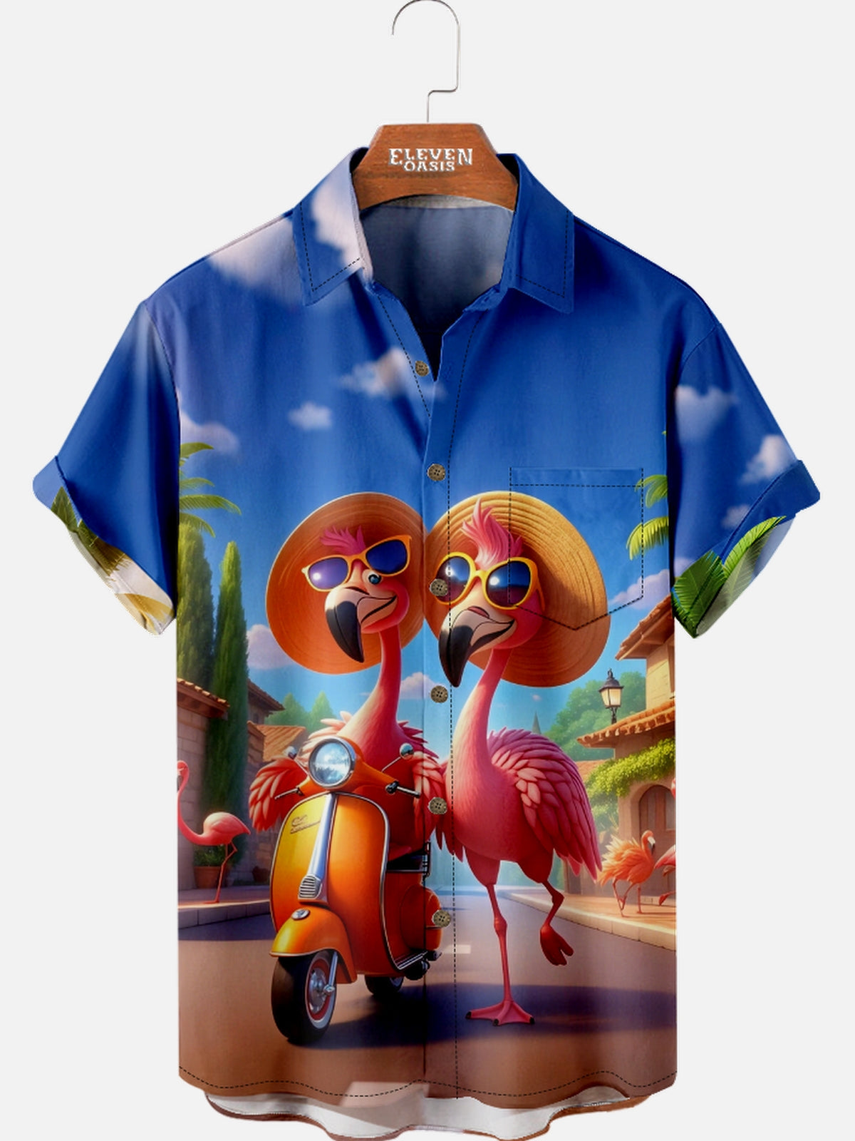 Men's Hawaii Flamingo Scooter Short Sleeve Shirt Eleven Oasis