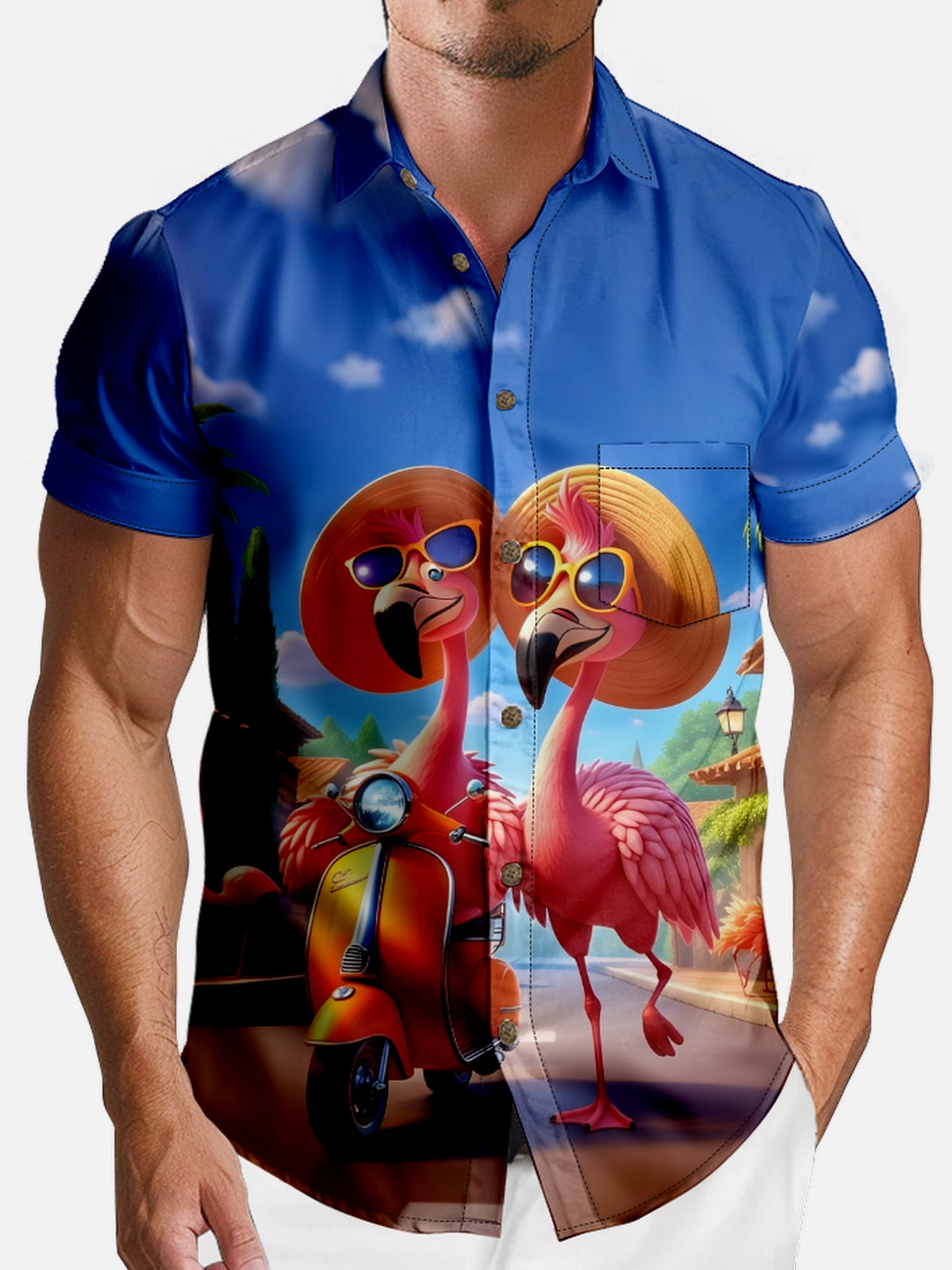 Men's Hawaii Flamingo Scooter Short Sleeve Shirt Eleven Oasis