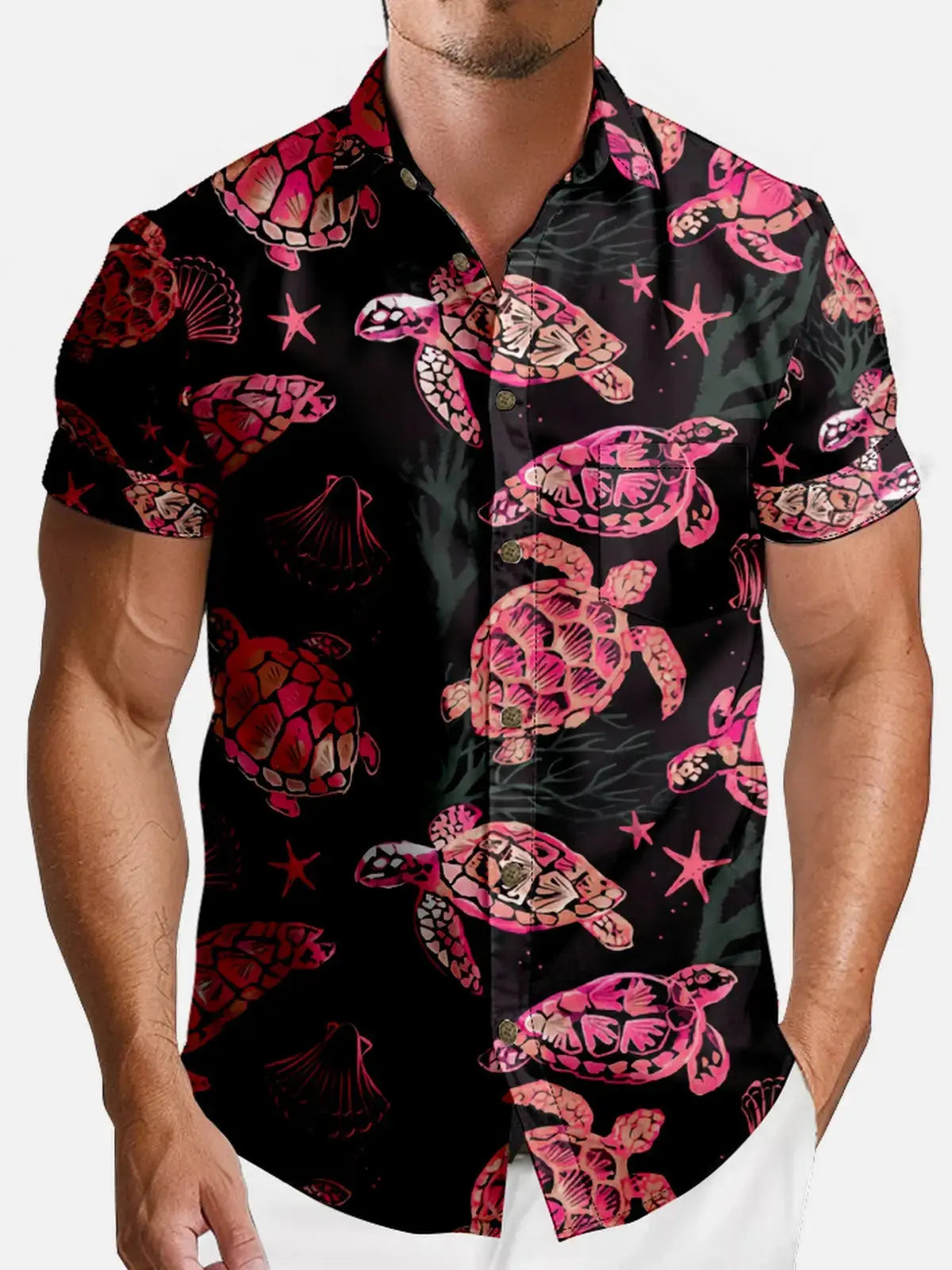 Turtle Floral Mosaic Print Lapel Men's Short-sleeved Shirt ElevenOasis