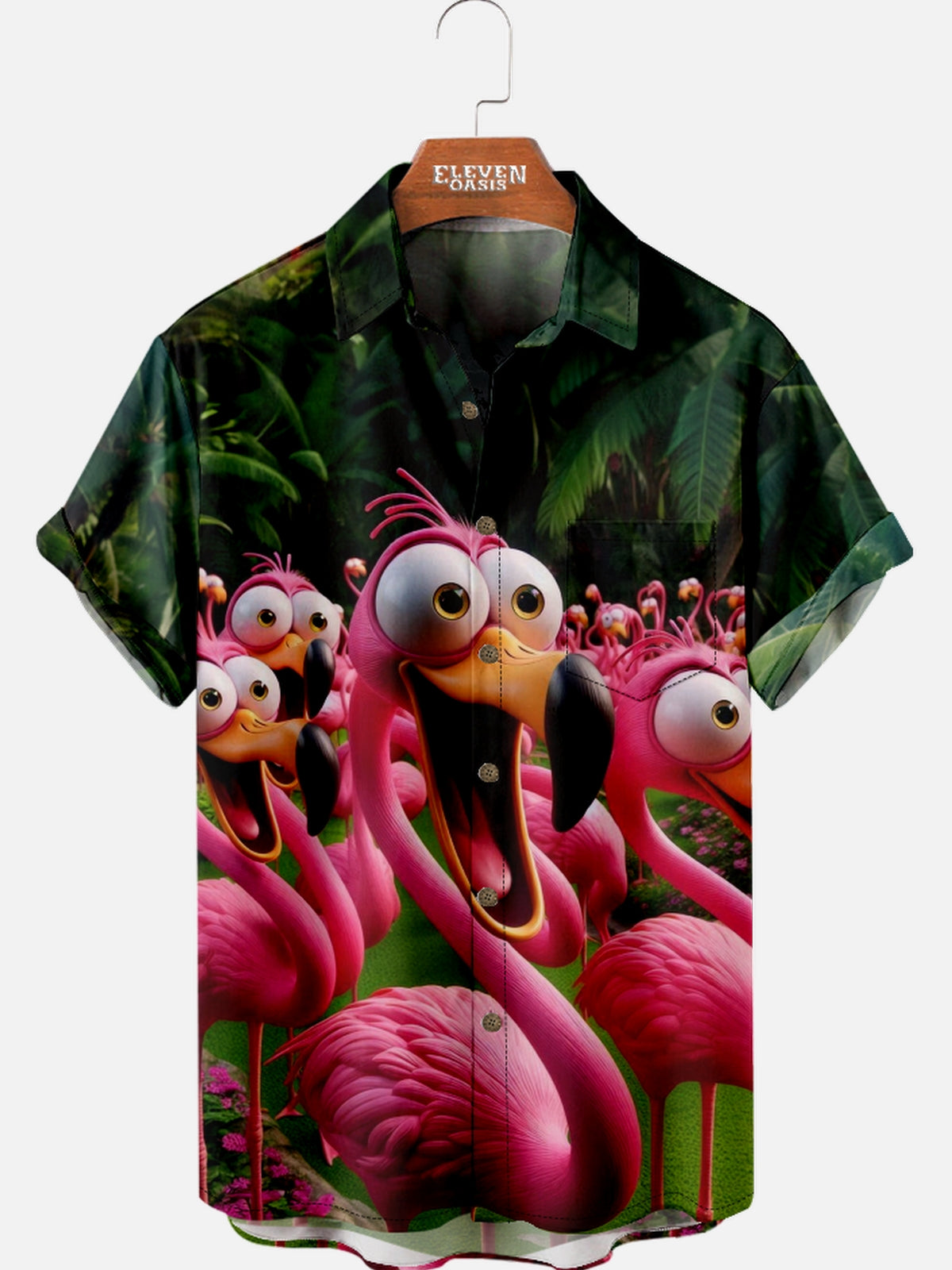 Eleven Oasis Men‘s Fun Flamingo Print Camp Collar Shirt Multiple Colors Retro Humorous Design