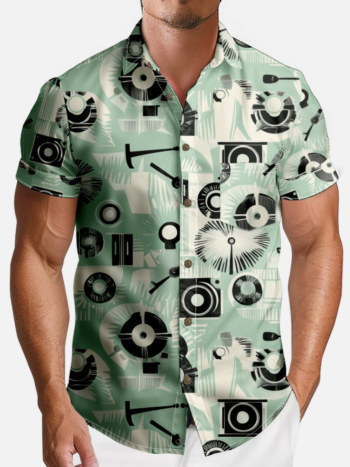 Men's Classic Spread Collar Short Sleeve Shirt - Retro Tech-Inspired Design Eleven Oasis