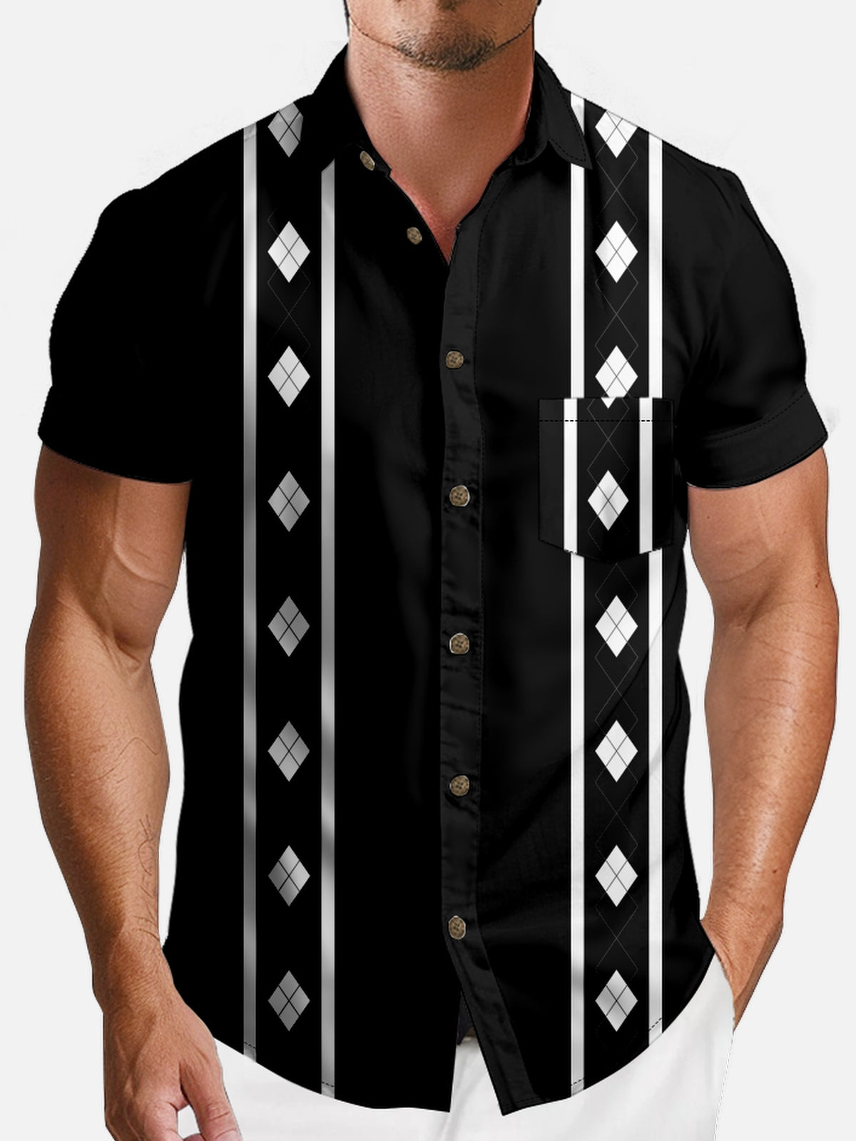 Men's Classic Spread Collar Short Sleeve Shirt - Retro Striped Diamond Pattern Eleven Oasis