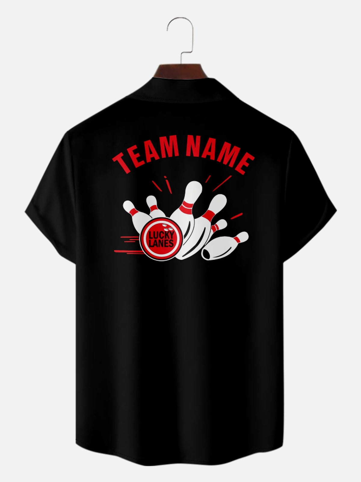 Men's Custom Bowling Team Camp Collar Shirt - Red Stripe Design Eleven Oasis