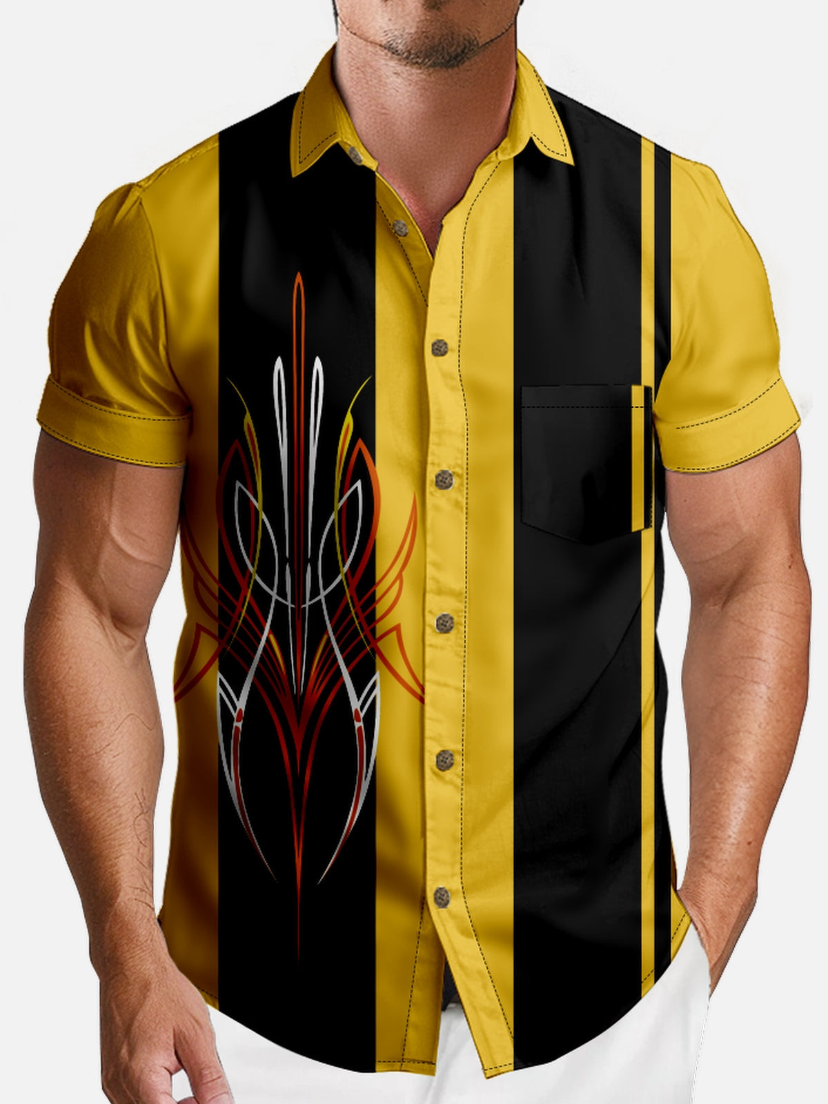 Men‘s Hot Rod Spread Collar Short Sleeve Shirt Retro Irregular Stripe Eleven Oasis
