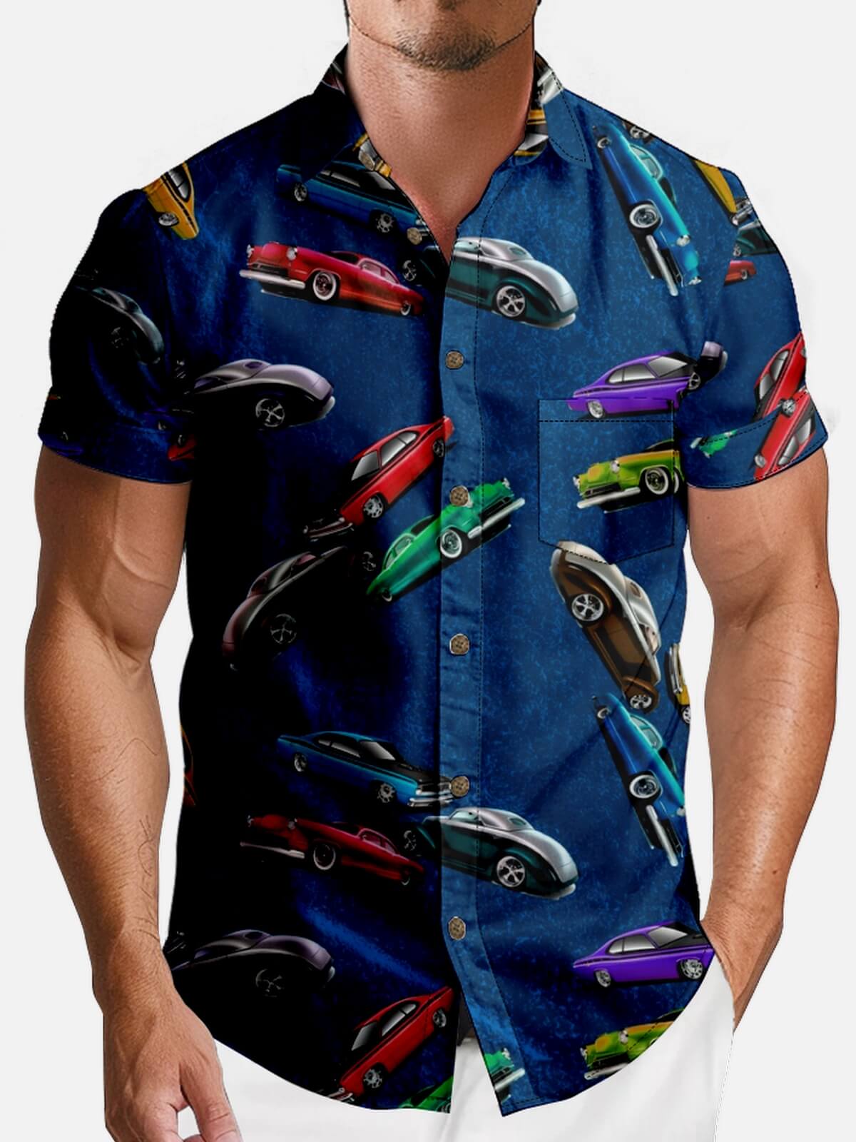 Men's Spread Collar Short Sleeve Shirts Retro Car Print Eleven Oasis
