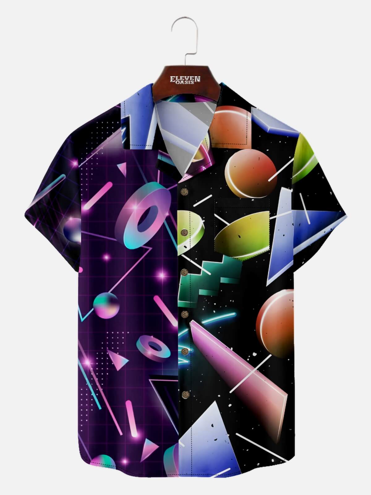 Men’s Modern Art Camp Collar Short Sleeve Shirt Digital Geometry Eleven Oasis