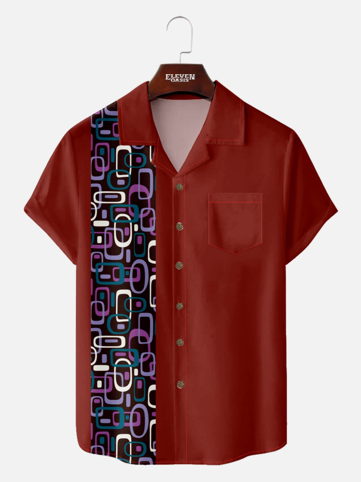 Men's Modern Art Camp Collar Short Sleeve Shirt Iconic 70s Pattern in Purple Eleven Oasis