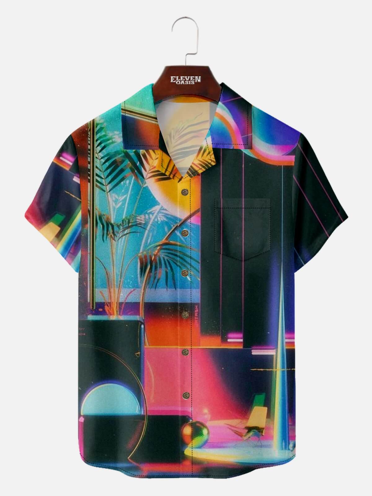Men’s Vacation Camp Collar Short Sleeve Shirt Tropical Psychedelic Palm Tree Eleven Oasis
