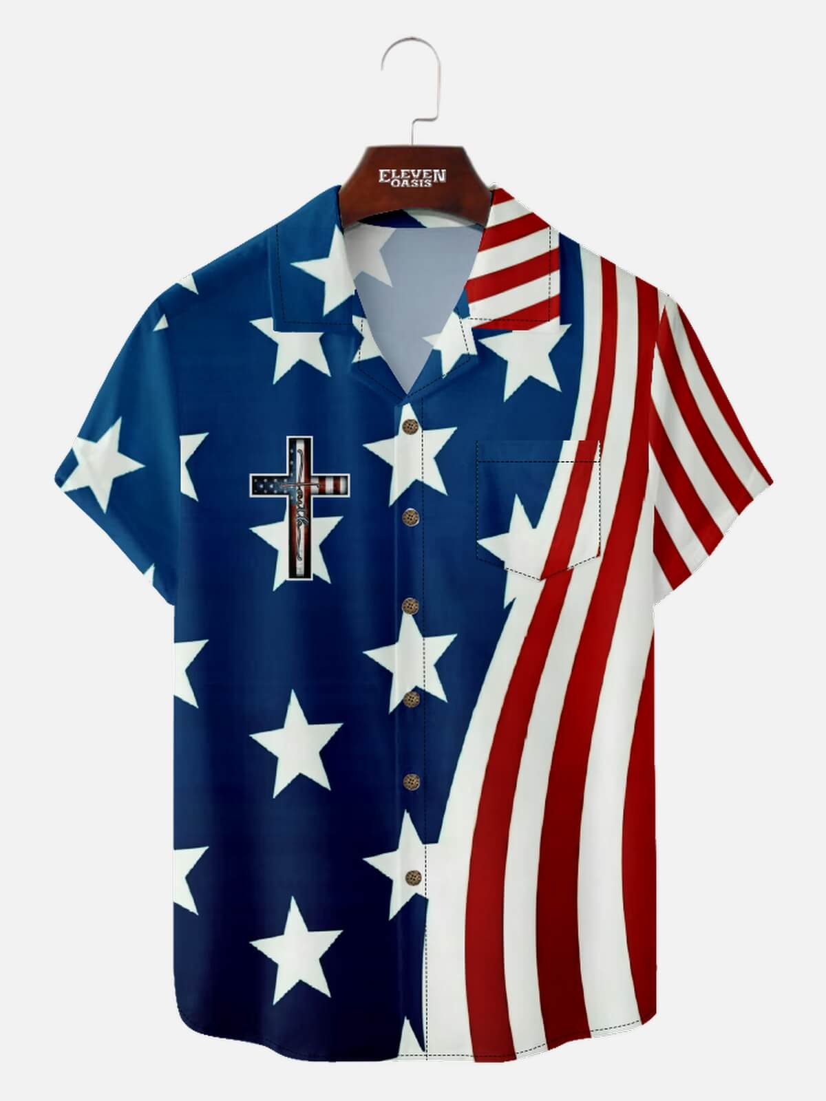 Men’s Faith Camp Collar Short Sleeve Shirt American Pride Flag Cross Eleven Oasis