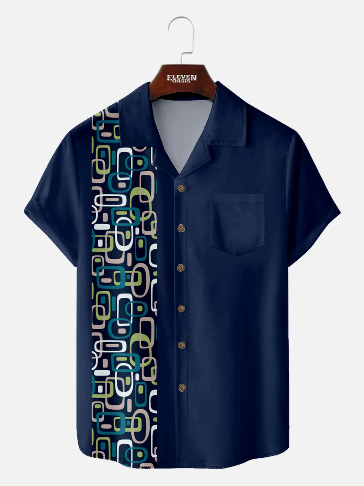 Men's Modern Art Camp Collar Short Sleeve Shirt Iconic 70s Pattern in Purple Eleven Oasis