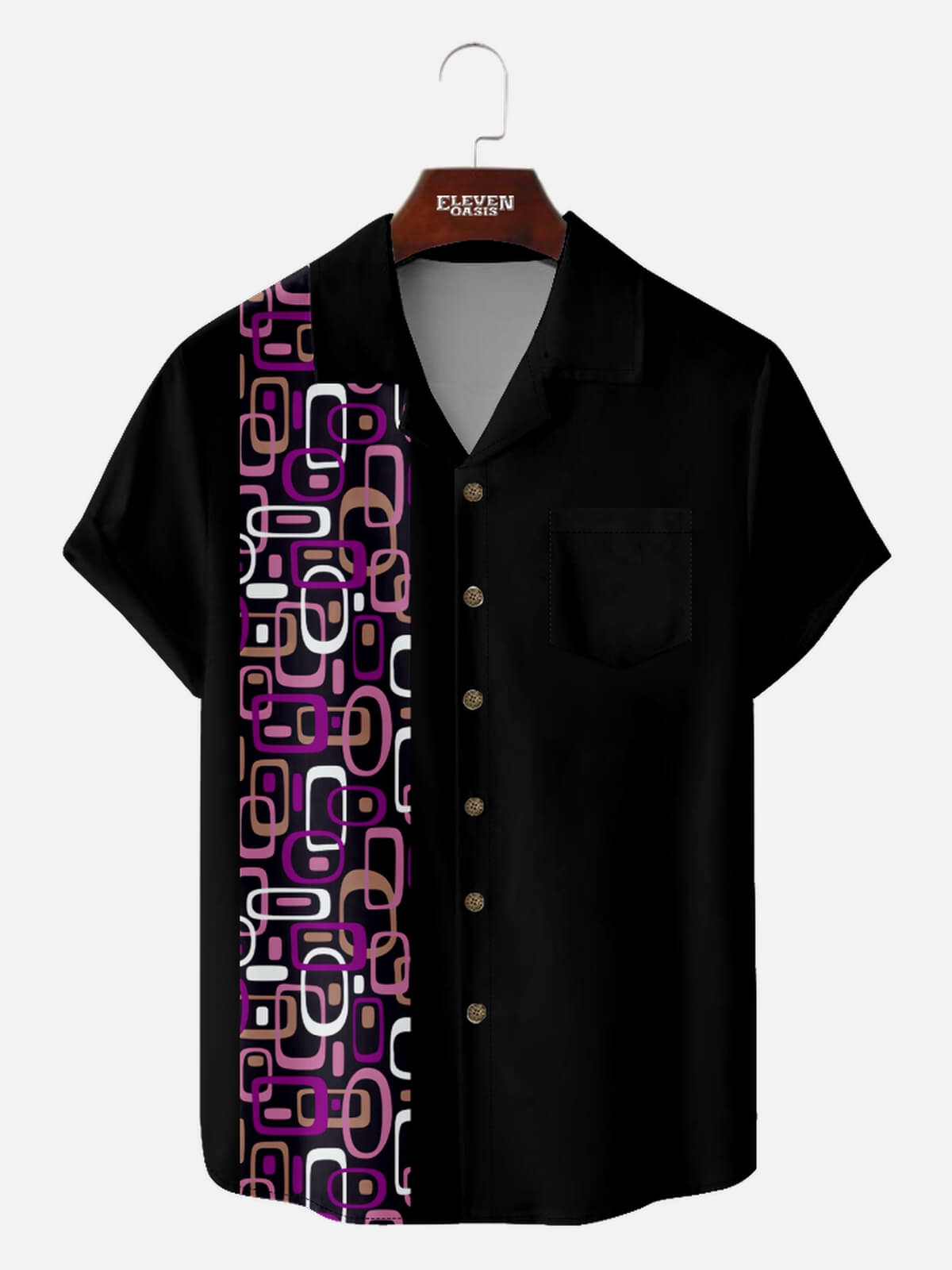 Men's Modern Art Camp Collar Short Sleeve Shirt Iconic 70s Pattern in Purple Eleven Oasis