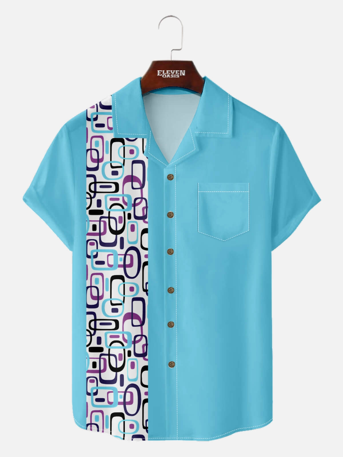Men's Modern Art Camp Collar Short Sleeve Shirt Iconic 70s Pattern in Purple Eleven Oasis