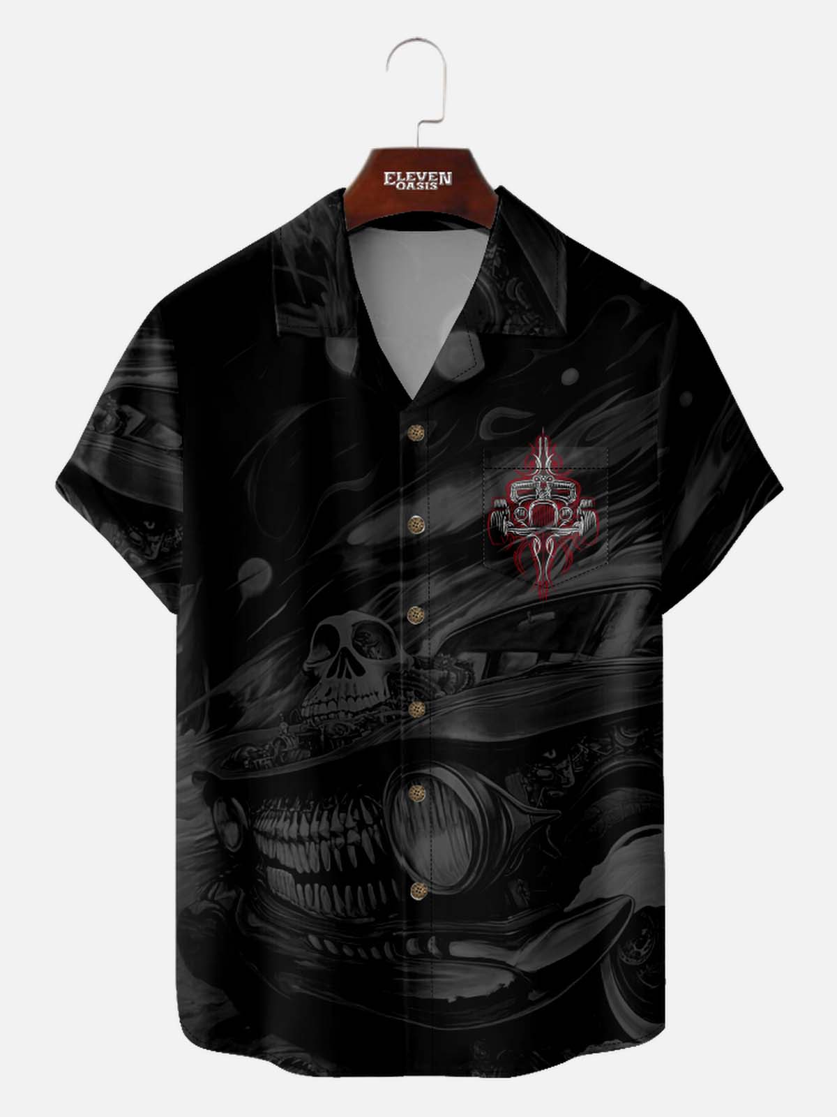 Men’s HotRod & Automotive Camp Collar Short Sleeve Shirt Bones of Speed Skull Rod Eleven Oasis