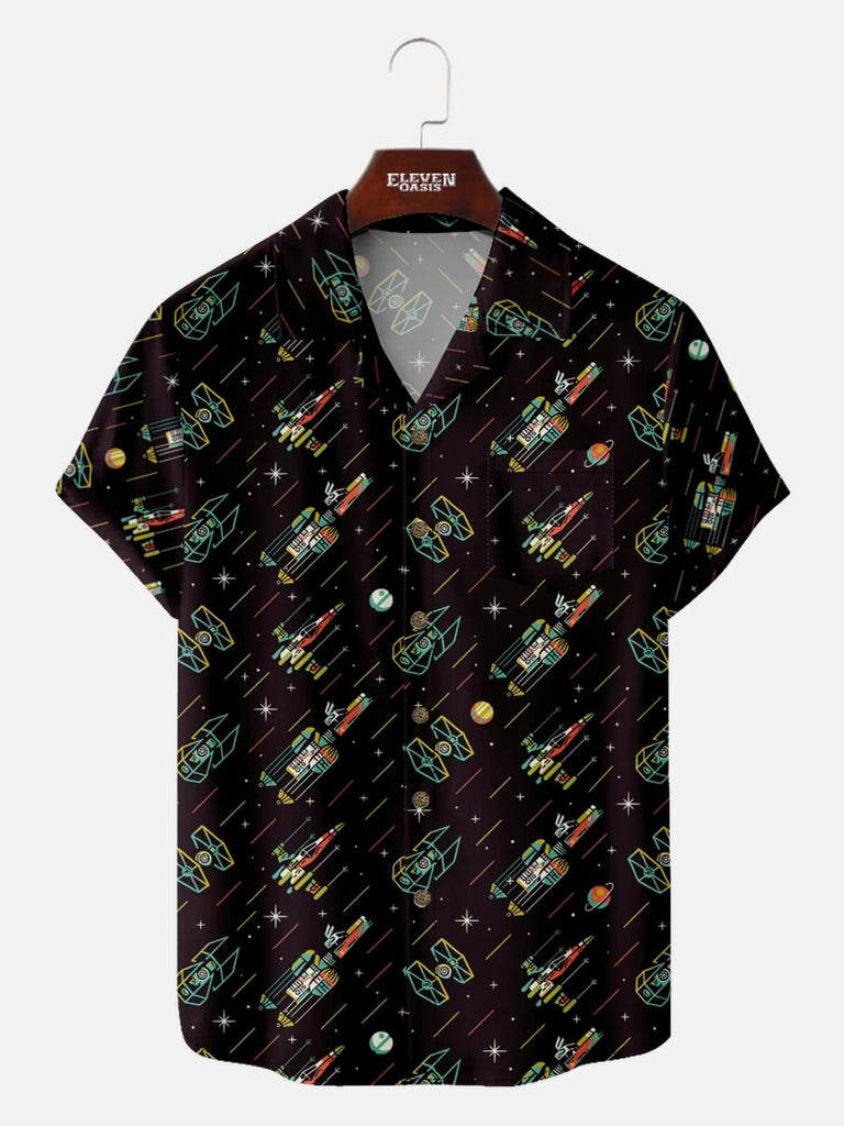 Men’s Science Fiction Camp Collar Short Sleeve Shirt Speed Through the Stars Star Wars Fleet Eleven Oasis