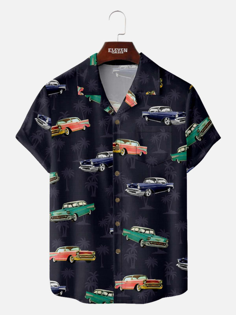 Men’s Vacation Camp Collar Short Sleeve Shirt Palm Paradise Tropical Retro Cars Eleven Oasis