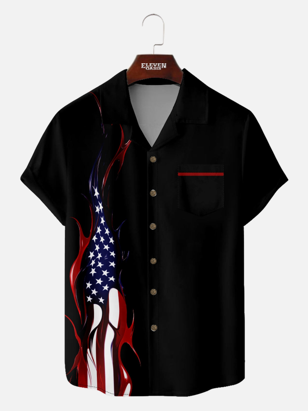 Men’s American Pride Camp Collar Short Sleeve Shirt Flames of Freedom Flag Eleven Oasis