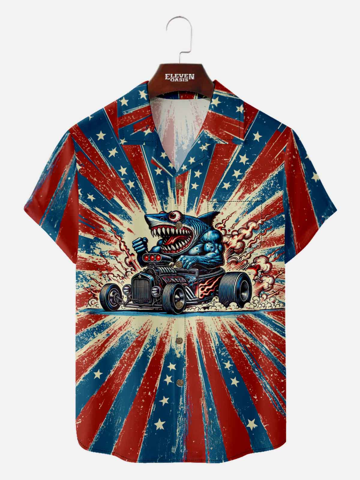 Men’s HotRod & Automotive Camp Collar Short Sleeve Shirt Retro Speed Shark Rider Eleven Oasis