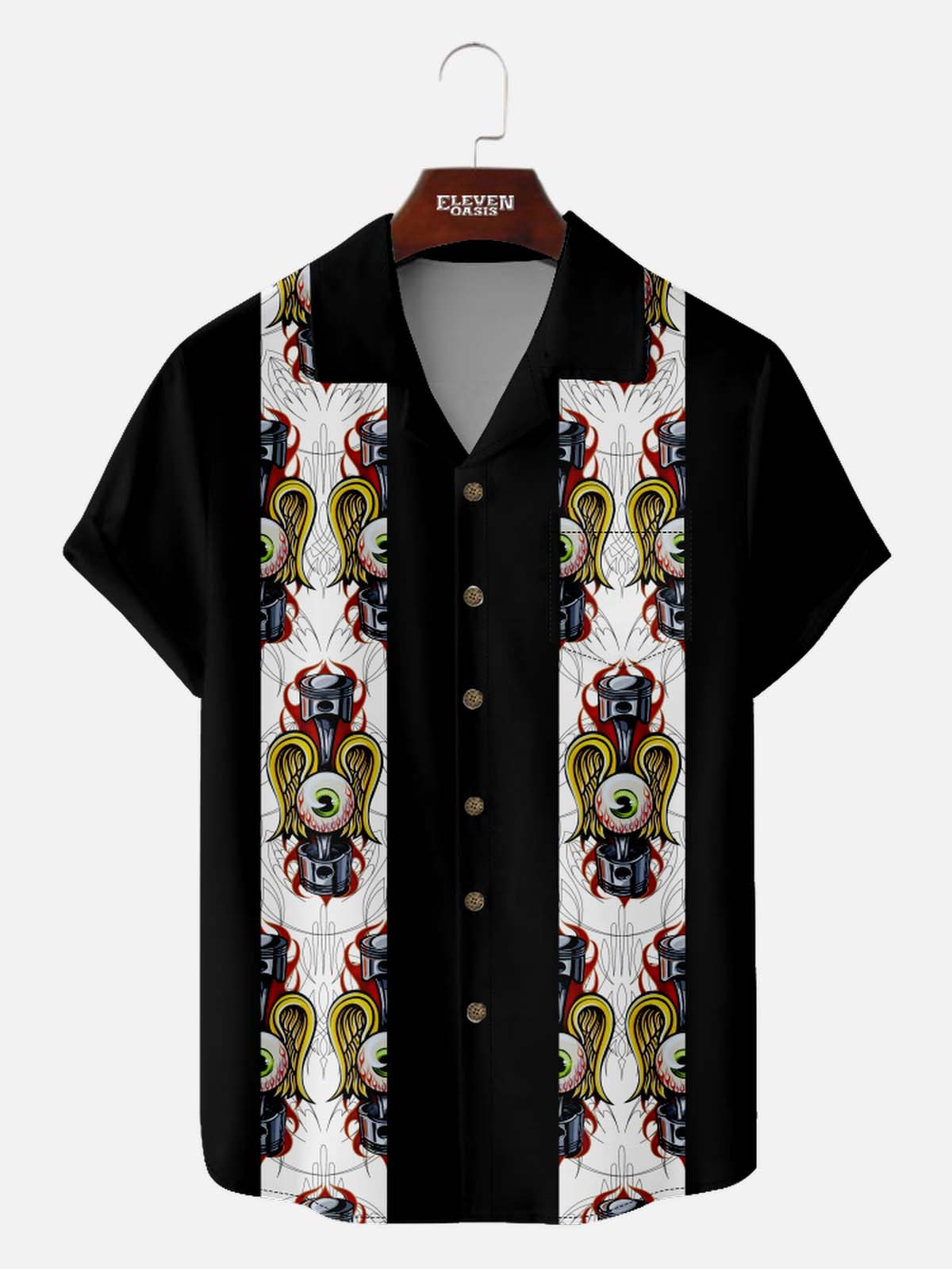 Men’s HotRod & Automotive Camp Collar Short Sleeve Shirt Retro Winged Eye Eleven Oasis