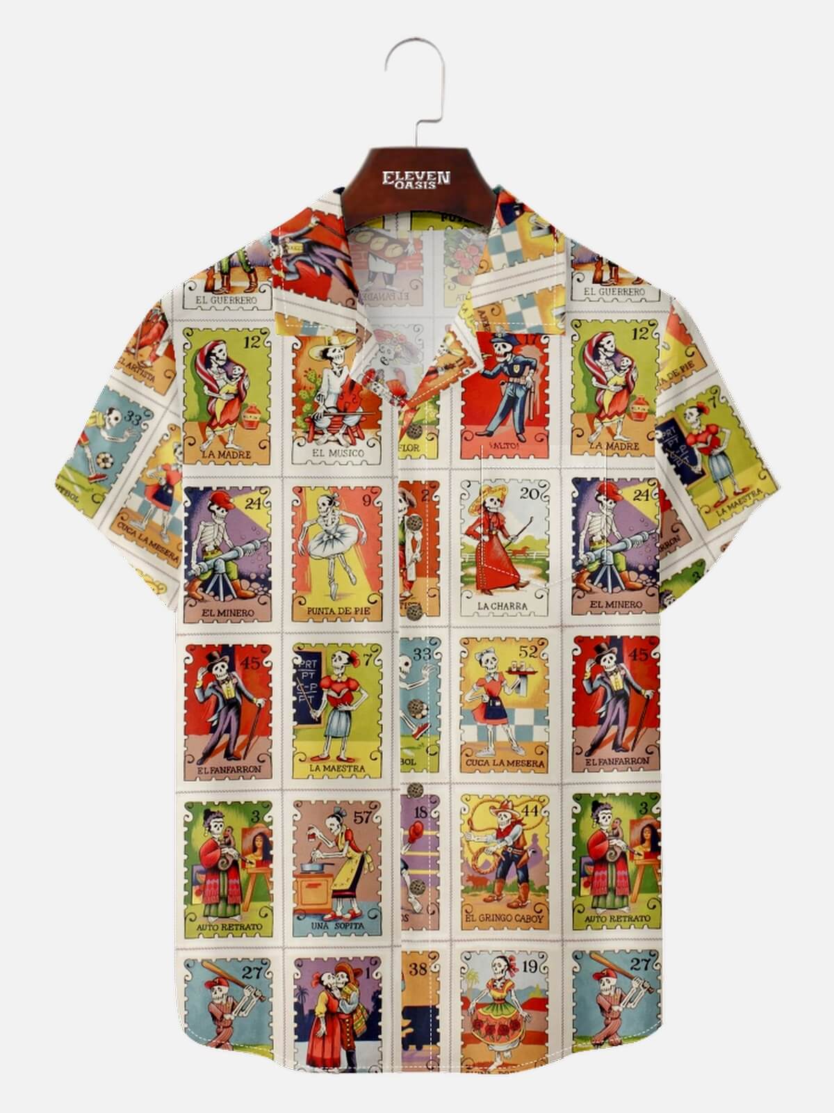 Men’s Cinco de Mayo Camp Collar Short Sleeve Shirt Vintage Stamp Style Sugar Skull Eleven Oasis