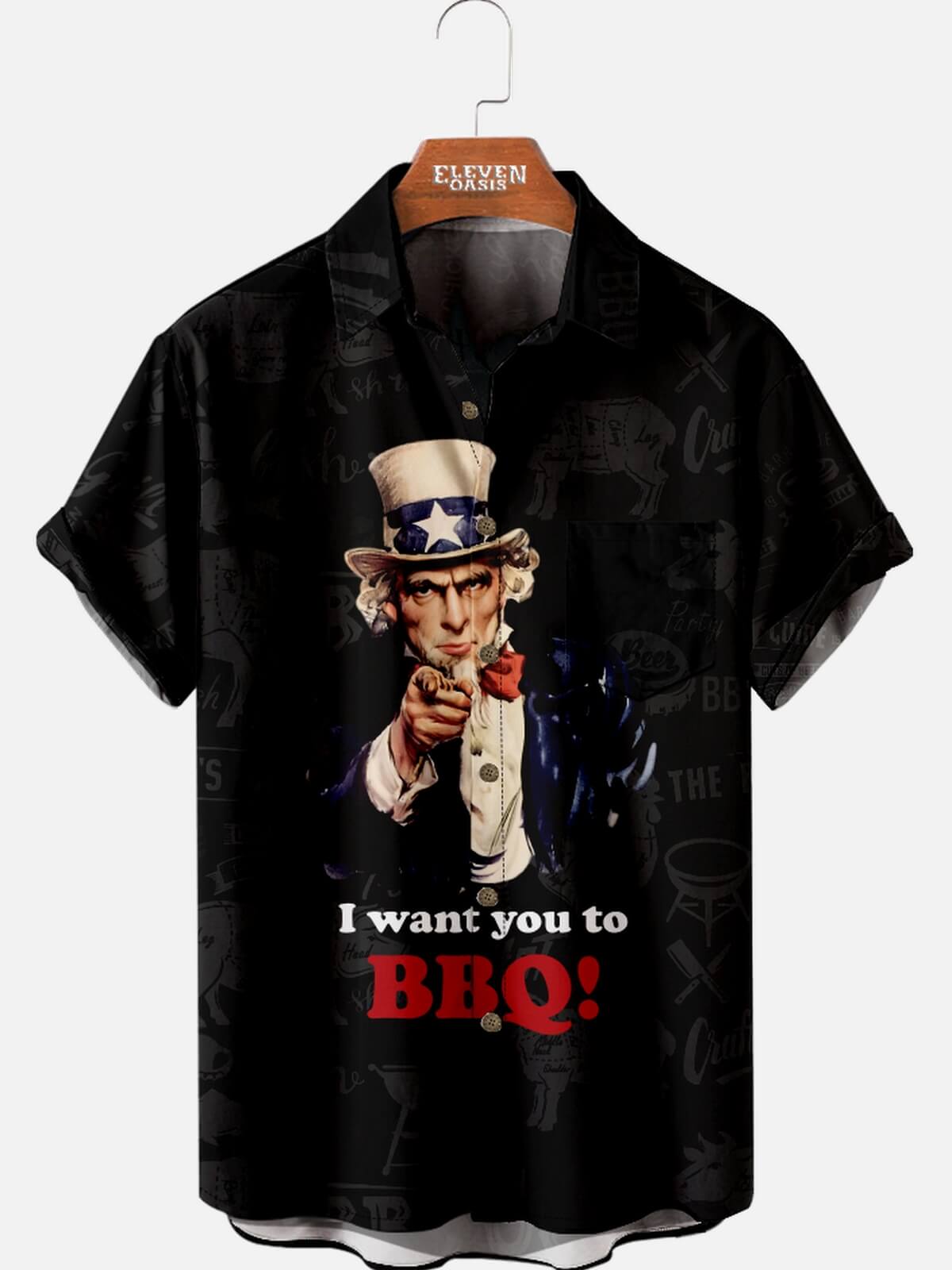 Men’s Food & Beverage Spread Collar Short Sleeve Shirt Uncle Sam I Want You To BBQ Eleven Oasis