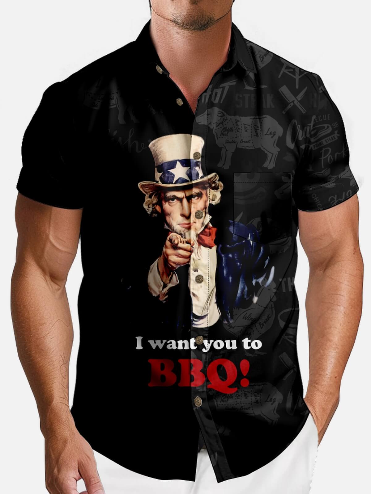 Men’s Food & Beverage Spread Collar Short Sleeve Shirt Uncle Sam I Want You To BBQ Eleven Oasis