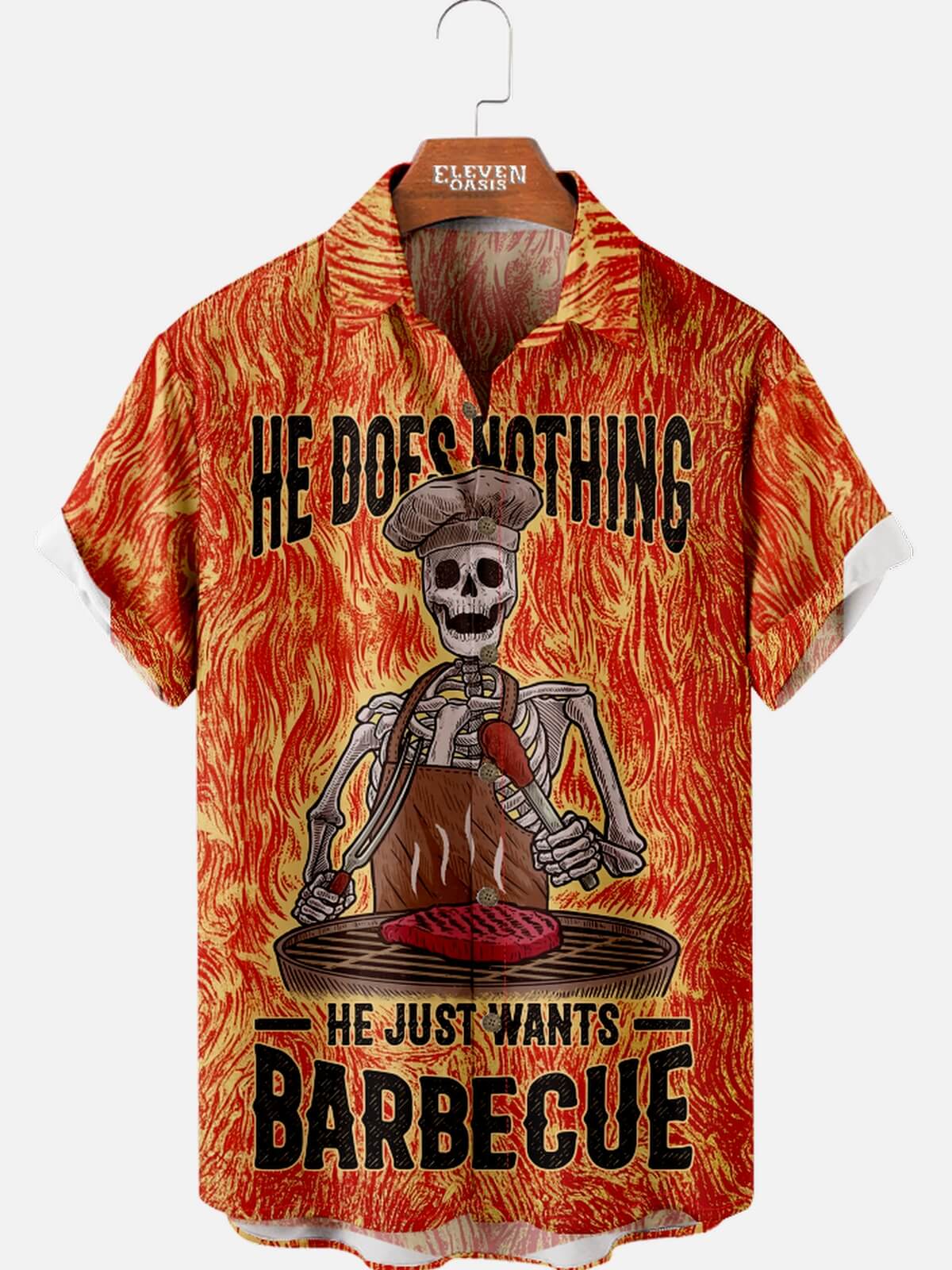 Men’s Food & Beverage Spread Collar Short Sleeve Shirt Skeleton Chef HE DOES NOTHING HE DOES WANTS BBQ Eleven Oasis