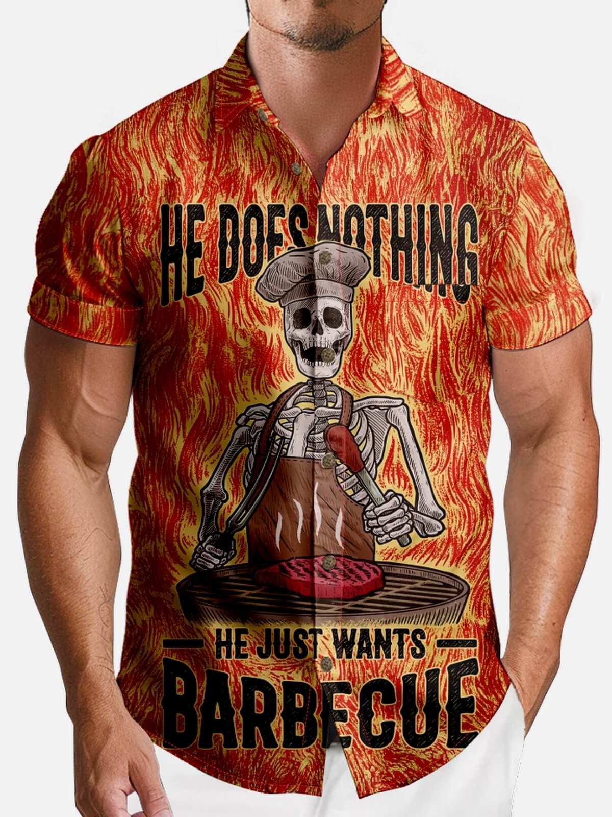 Men’s Food & Beverage Spread Collar Short Sleeve Shirt Skeleton Chef HE DOES NOTHING HE DOES WANTS BBQ Eleven Oasis