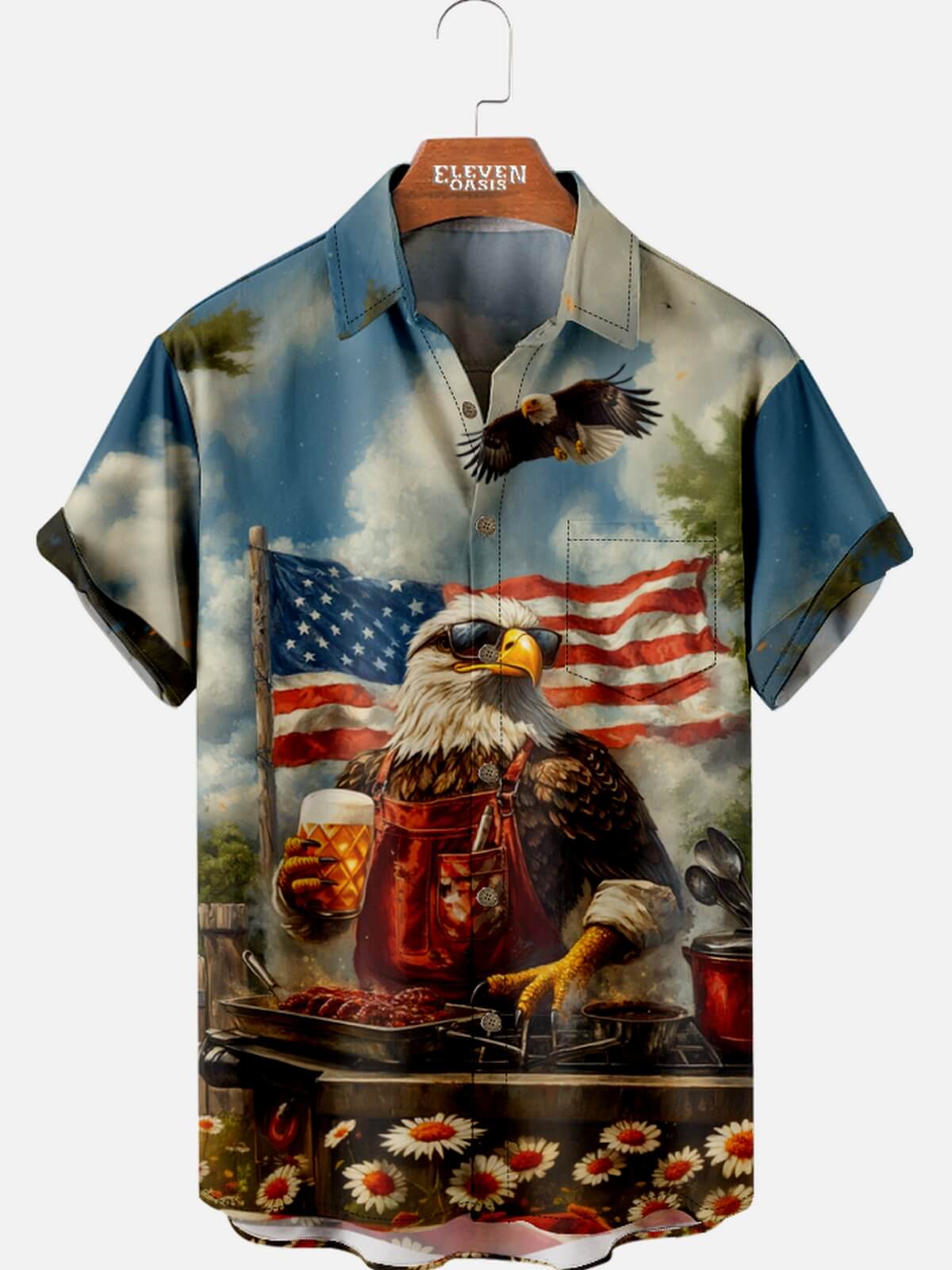 Men’s Food & Beverage Spread Collar Short Sleeve Shirt Freedom Grill Bald Eagle Eleven Oasis