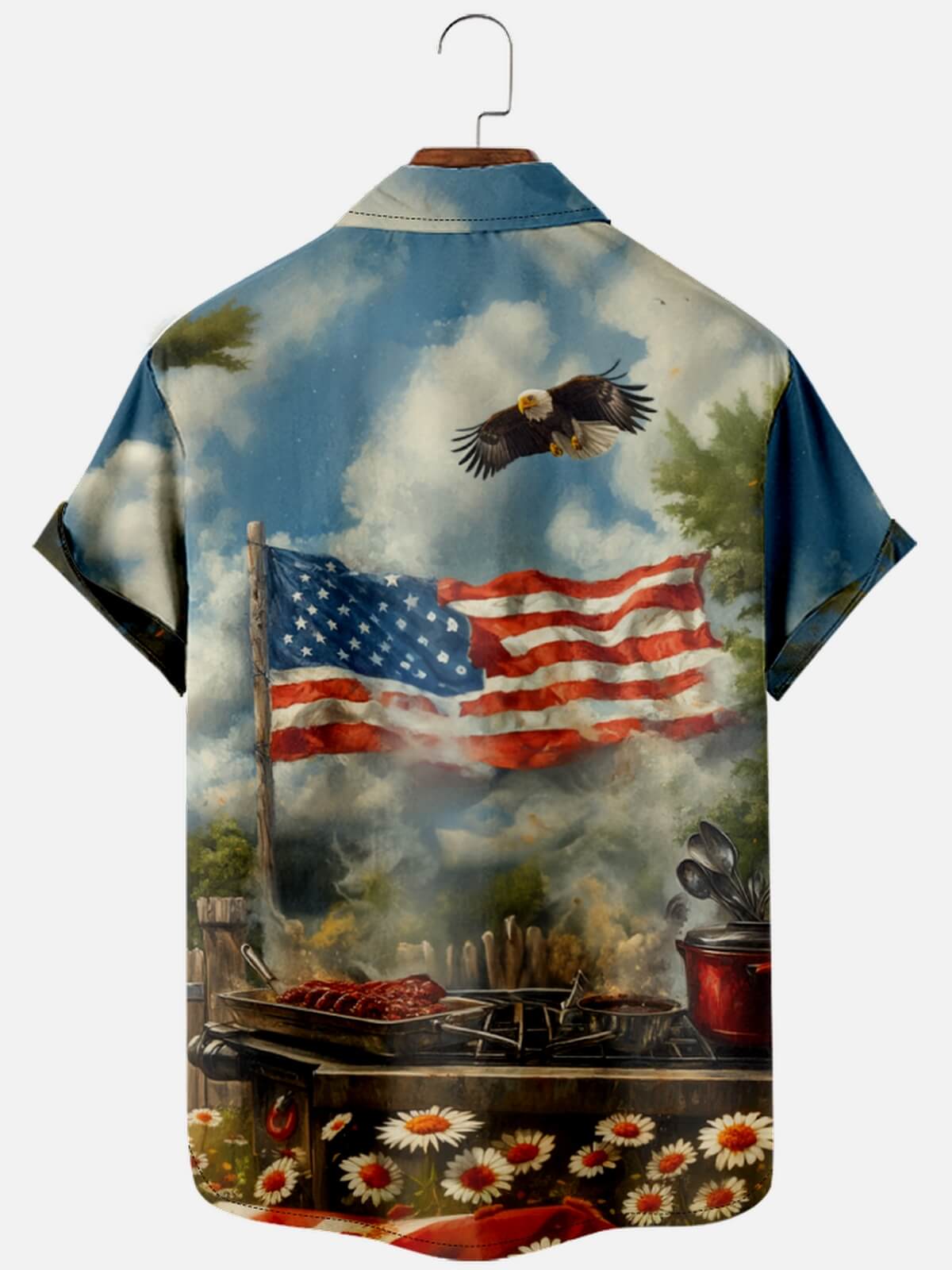 Men’s Food & Beverage Spread Collar Short Sleeve Shirt Freedom Grill Bald Eagle Eleven Oasis