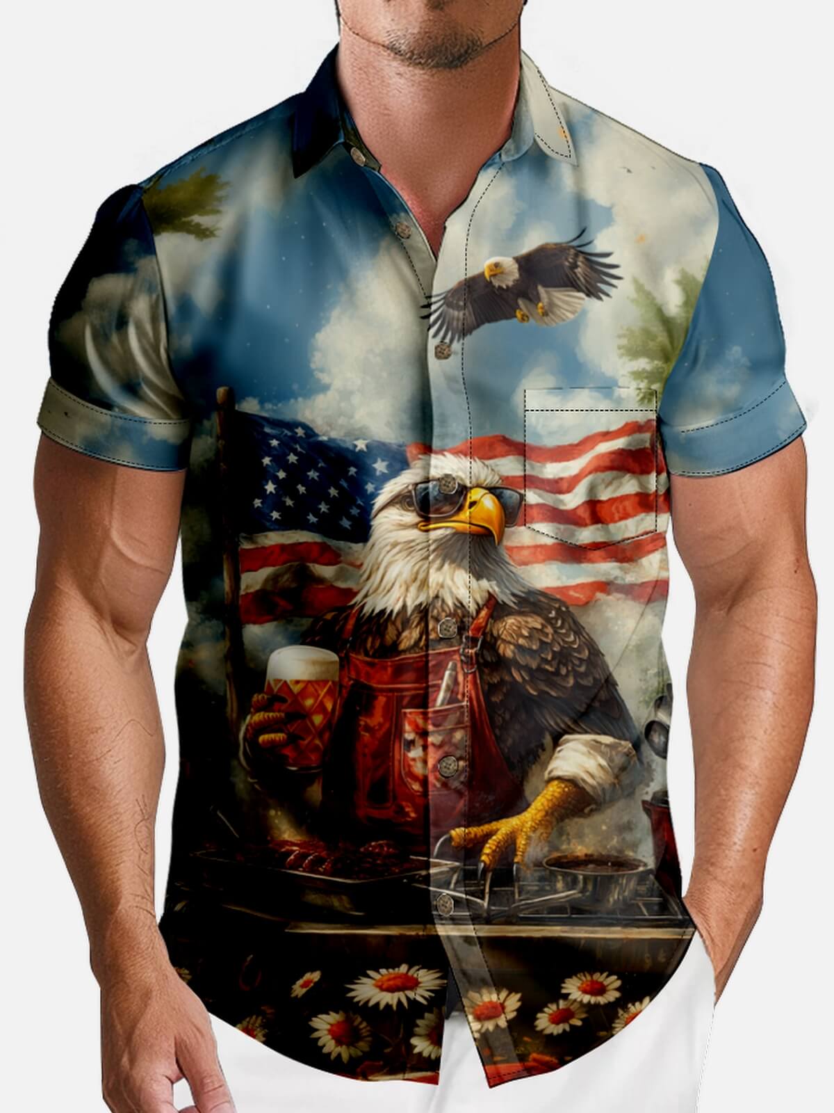 Men’s Food & Beverage Spread Collar Short Sleeve Shirt Freedom Grill Bald Eagle Eleven Oasis