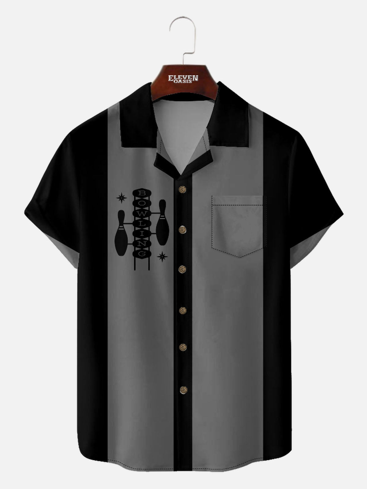 Men’s Bowling Camp Collar Short Sleeve Shirt Mid Century Art Bowling Pins Eleven Oasis