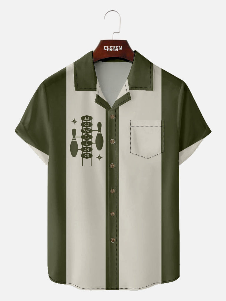 Men’s Bowling Camp Collar Short Sleeve Shirt Mid Century Art Bowling Pins Eleven Oasis