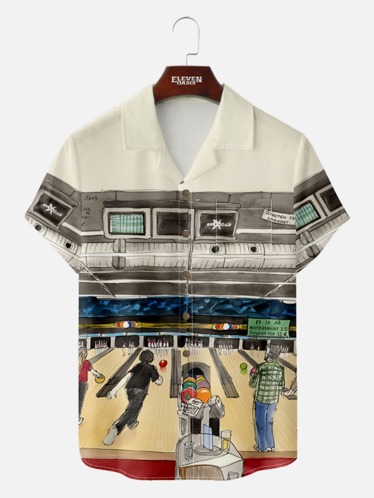 Men’s Bowling Camp Collar Short Sleeve Shirt Bowling Party Cartoon Eleven Oasis