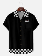 Men's Checkered Flag Bowling Camp Collar Short Sleeve Shirt ElevenOasis